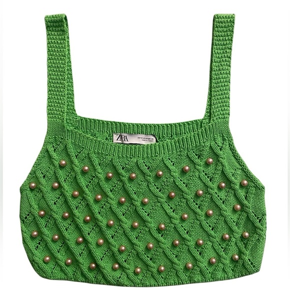 Zara Green Cropped Pearl Knit Sweater Top Clueless Preppy Fall Winter Y2K Style - Picture 10 of 10